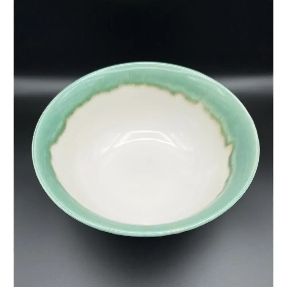 Pier 1 Imports Drip Glaze 9.5” Stoneware Serving Mixing Bowl Teal Green & White